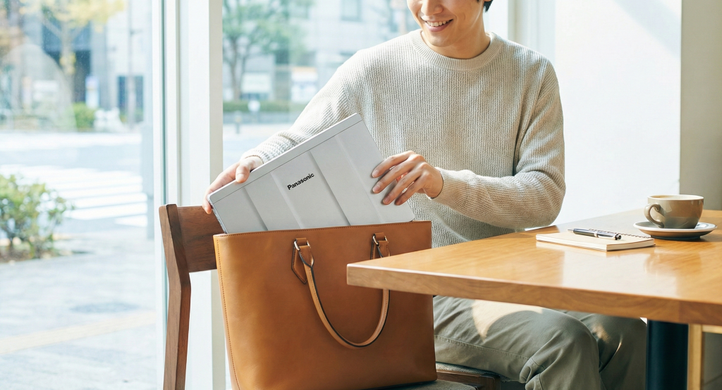レッツノートをカバンに入れてカフェで朝活する様子